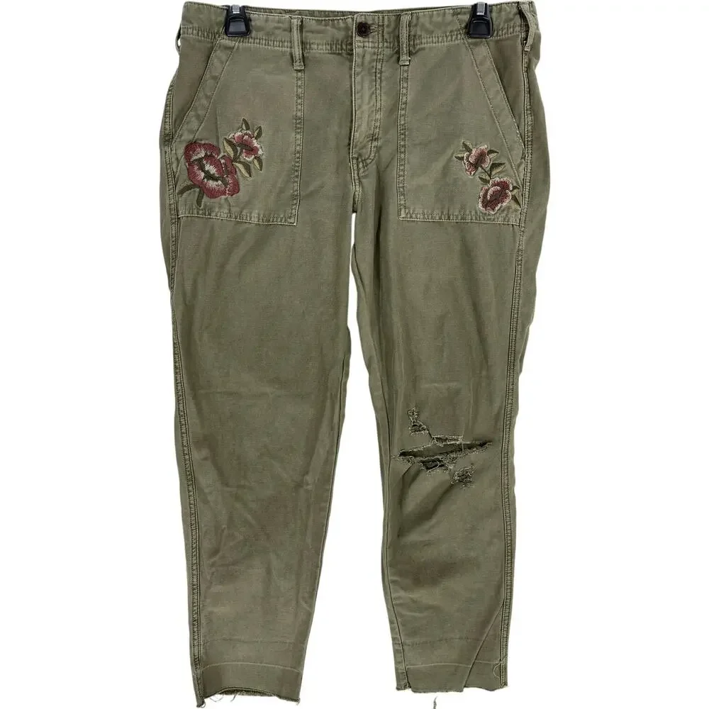 Abercrombie Fitch Jeans 8 Green Embroidered Floral Raw Hem Slim Boyfriend Y2K